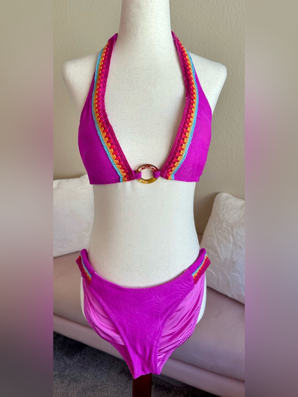 TRINA TURK Tulum Rainbow Crochet Bikini Set Halter Cntr Ring Fuchsia Purple Sz 8
